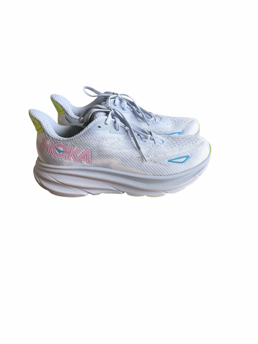 Hoka Light Purple Running Shoes with Pink Logo and Blue Accents